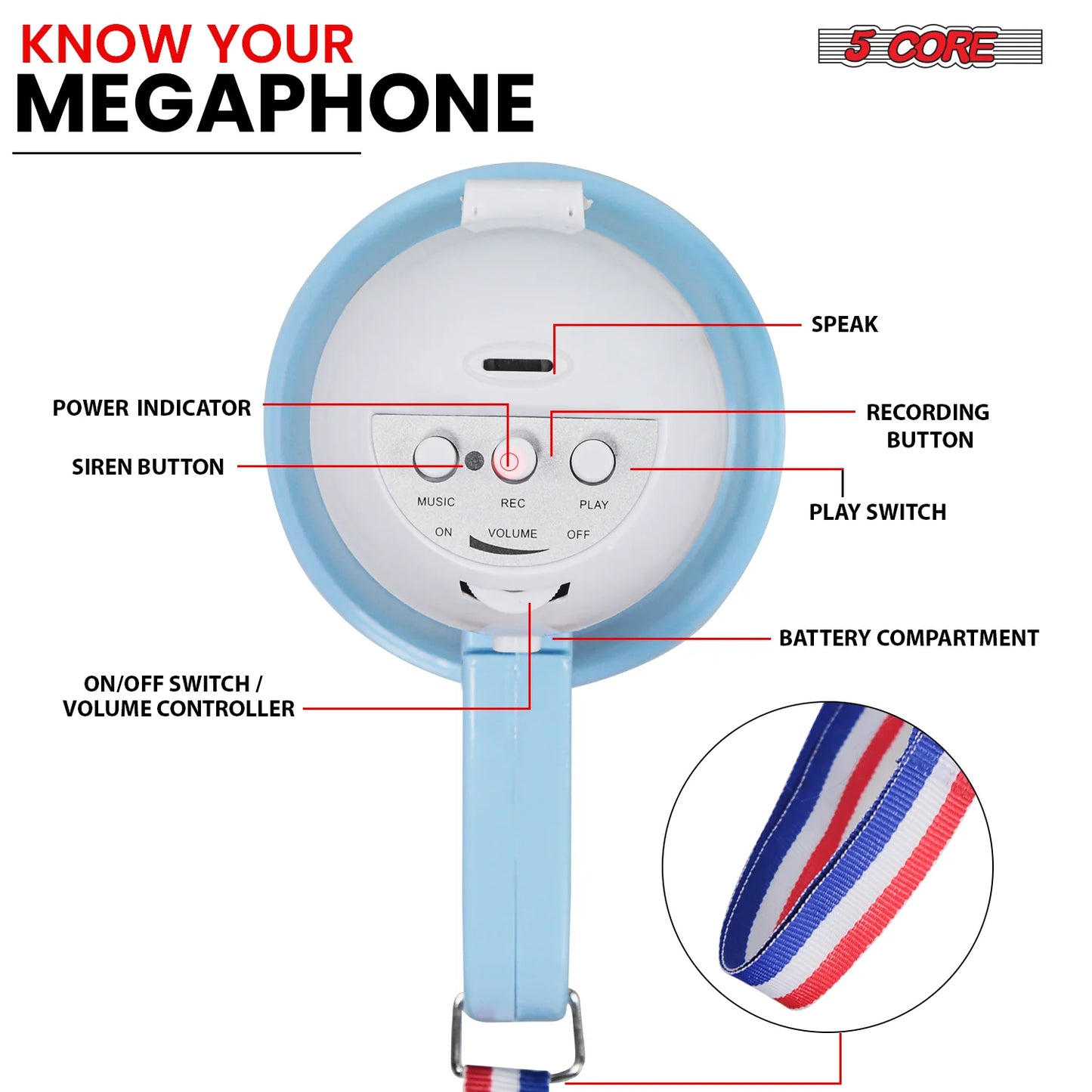 5 Core Megaphone Bullhorn Speaker 15W Mini Battery Power Bull Horn W Siren 400 Yard Range SKY BLUE