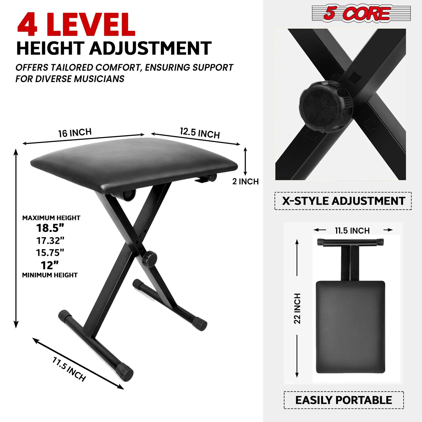 5Core Keyboard Stand Adjustable Z Style Piano Riser BLACK + Keyboard Piano Bench BLACK
