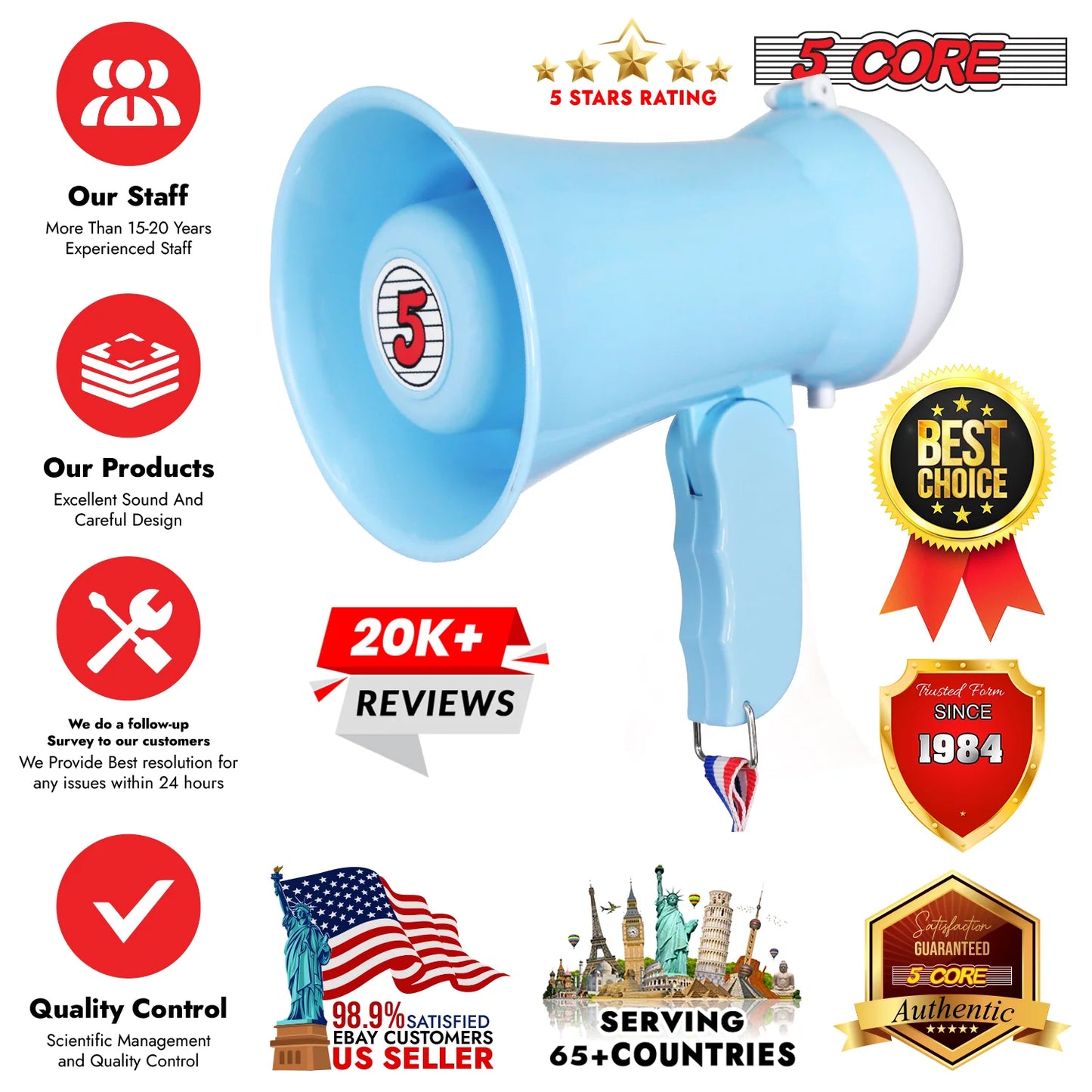 5 Core Megaphone Bullhorn Speaker 15W Mini Battery Power Bull Horn W Siren 400 Yard Range SKY BLUE