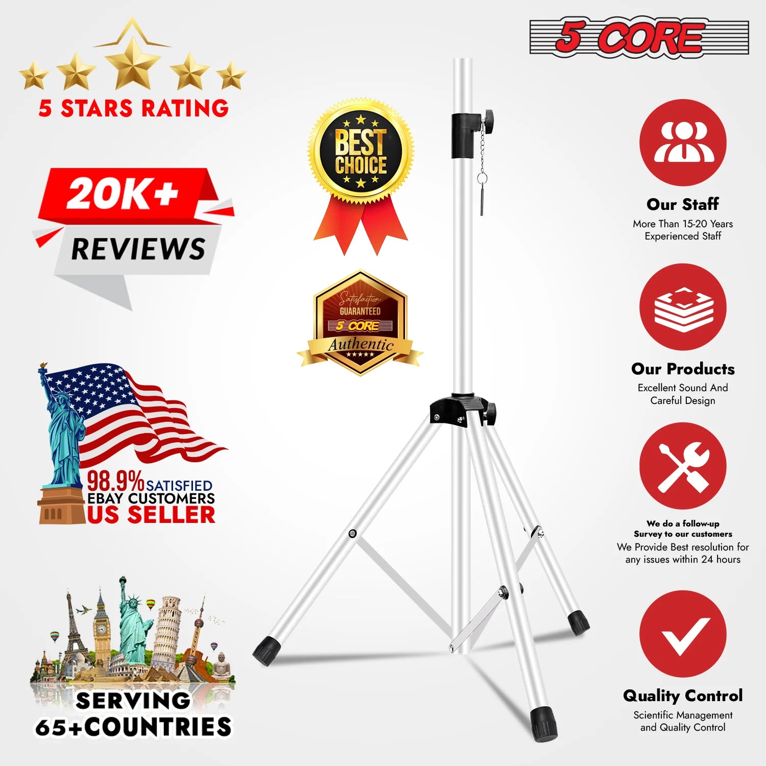 5Core Speaker Stand Tripod Tall Adjustable 72 Inch DJ Studio Monitor Stands Pole Mount WHITE