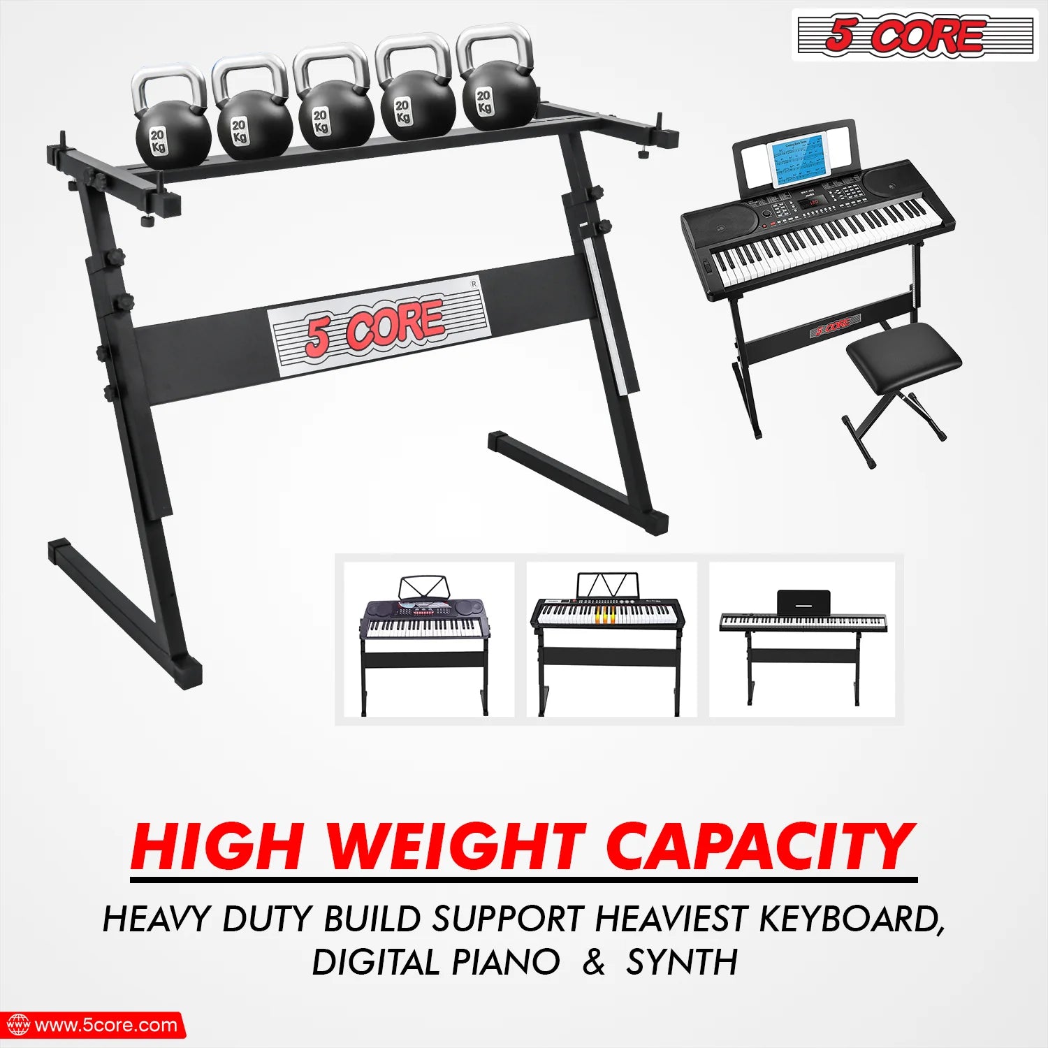 5Core Keyboard Stand Adjustable Z Style Piano Riser BLACK + Keyboard Piano Bench BLACK