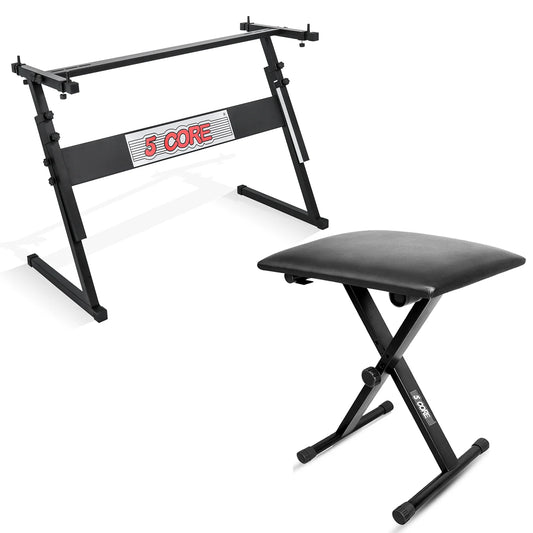 5Core Keyboard Stand Adjustable Z Style Piano Riser BLACK + Keyboard Piano Bench BLACK