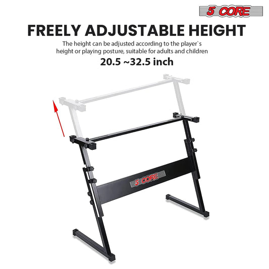 5Core Keyboard Stand Adjustable Z Style Piano Riser BLACK + Keyboard Piano Bench BLACK